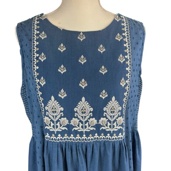 Utsa Jumper Dress Size XXL Blue Embroidered Floral Cottagecore Cotton Boho Midi - Picture 5 of 12